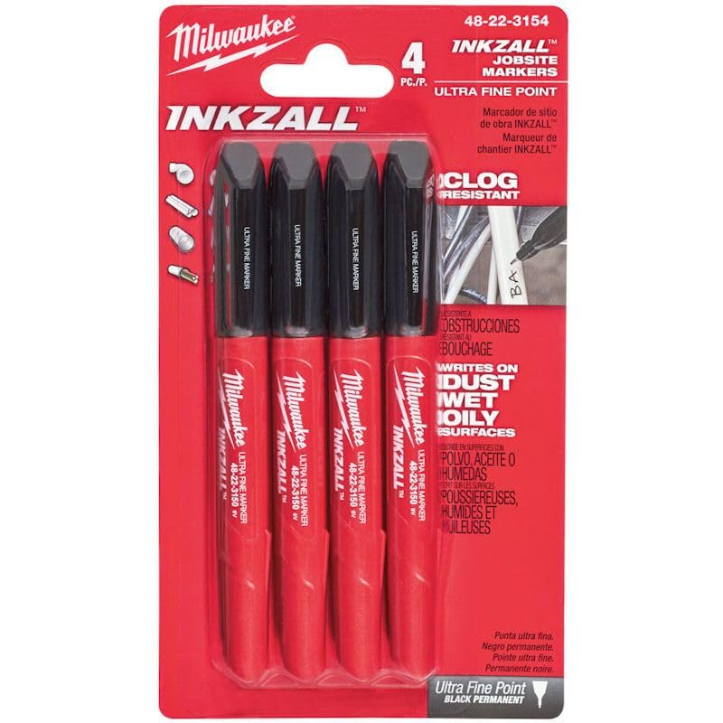 Milwaukee MHT48223154 INKZALLTM Ultra Fine Tip Marker Black (Pack 4), Red/Black