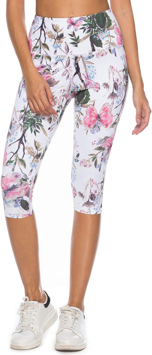 Women's High Waist Workout Printed Yoga Leggings Athletic Capri Tummy Control Running Pants
