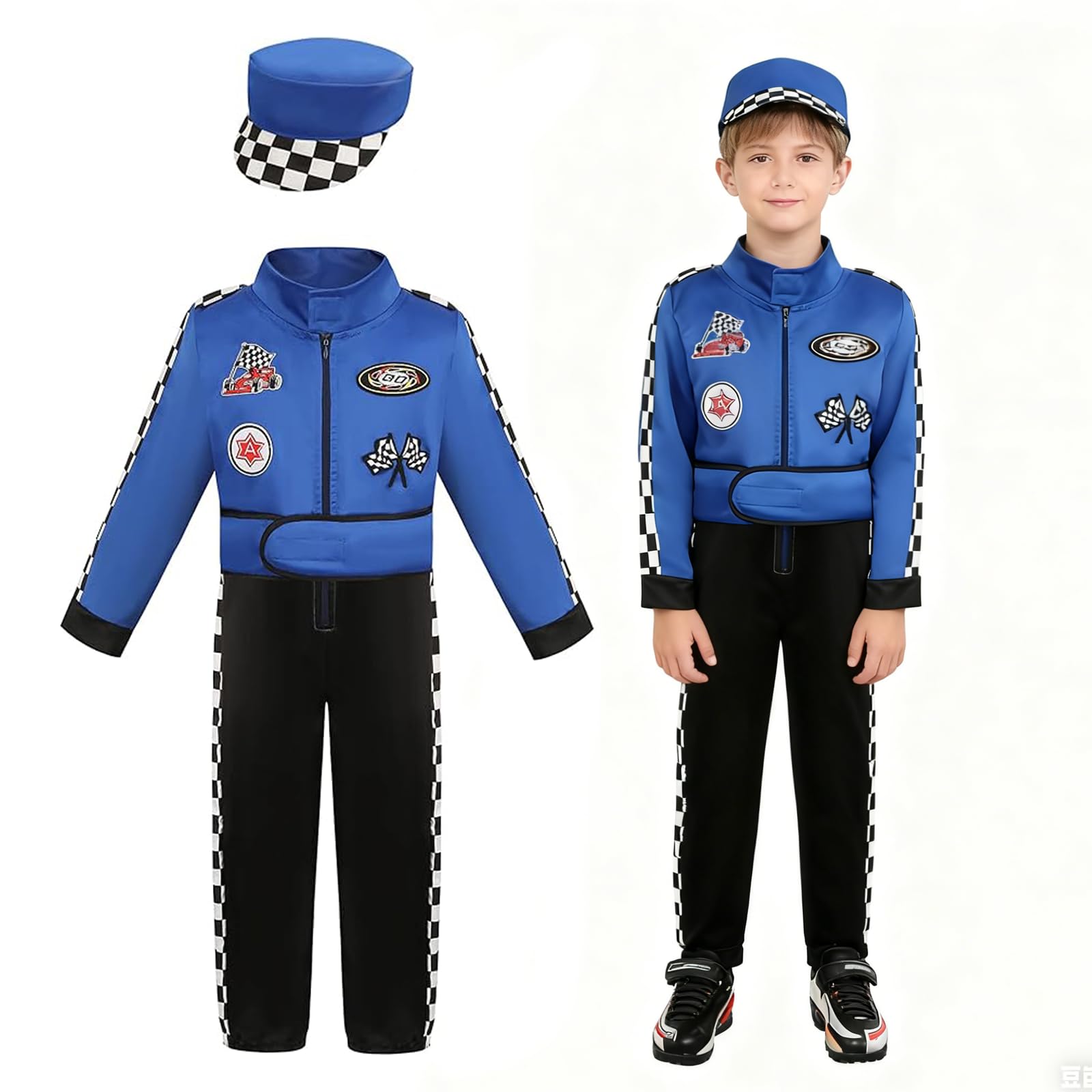 maxToonrain Deluxe Racing Driver Costume with Hat Kids F1 Driver Outfit for Halloween Role Play Christmas World Book Day (Blue,7-8 Year)
