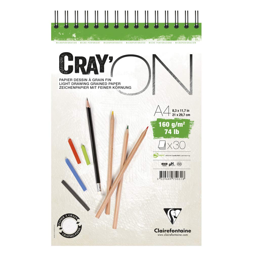 Clairefontaine - Ref 975031C - Cray'On White Wirebound Sketch Pad (50 Sheets) - A4 (21 x 29.7cm) Size, 160gsm 100% Cellulose Paper, Grained One Size & Smooth Other Side