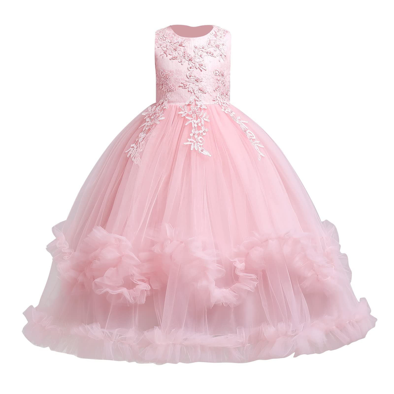 Photo 1 of Flower Girl Maxi Gown for Kids Boho Lace Ruffle Tulle Pageant Princess Long First Communion Wedding Bridesmaid Formal Prom Birthday Party Dance Evening Dresses Photo Shoot Pink-Tassel 11-12 Years