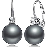 Jiahanzb 925 Sterling Silver Pearl Leverback Earrings for Women Cubic Zirconia Pearl Jewelry 10MM
