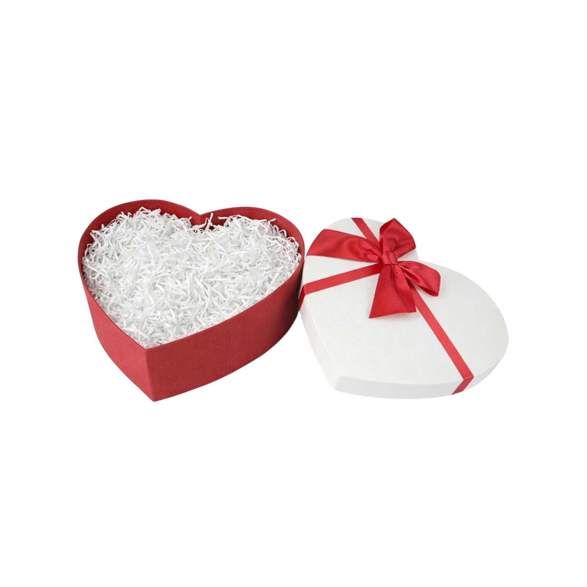 Emartbuy Rigid Heart Shaped Gift Box with Lid Size 1 (22 × 19.5 × 9 cm) with 50g White Shredded Paper – Red & White Textured Paper, Satin Ribbon Bow for Valentine’s, Wedding & Chocolate Gifts