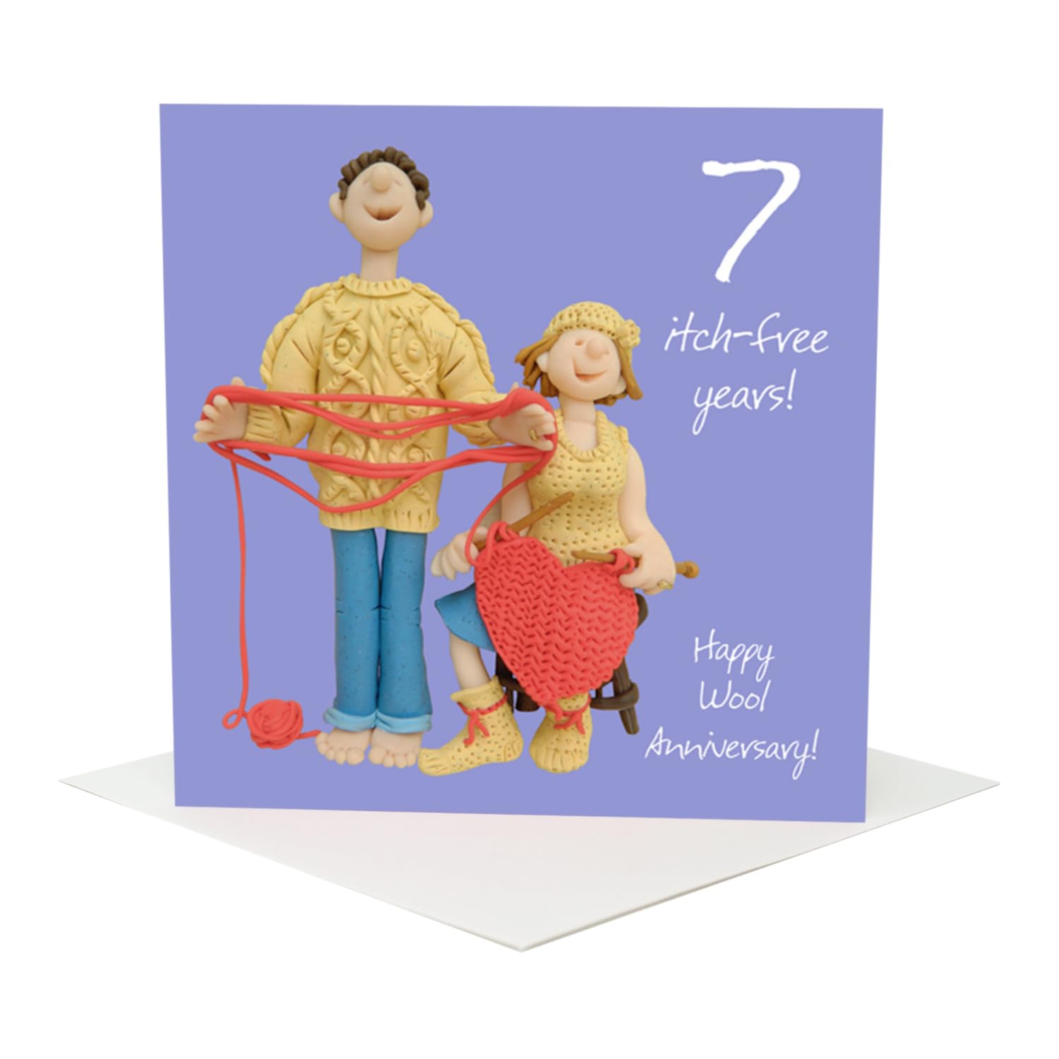 Holy Mackerel seven itch-free years wool 7th wedding anniversary card for a couple - designed by artist Erica Sturla - 15cm square and blank inside for your message - made in the UK