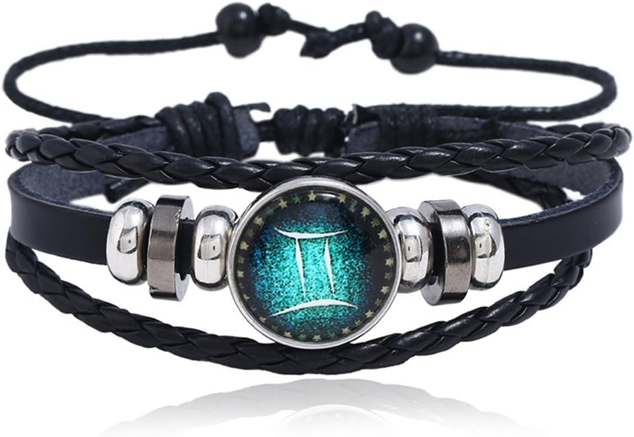VEVICE 1PCS Retro Twelve Constellation Zodiac Sign Bracelet Braided Lmitation Leather Alloy Charm Bracelet Adjustable Multilayer Wristband Bangle Gifts for Men Women (Gemini)