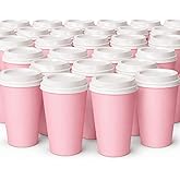 Remerry 50 Pcs 12 oz Pink Disposable Coffee Cups with Lids, Insulated Hot Chocolate Paper Cup, Beverage Water Juice Coffee Tea Cocoa, Drinking Mugs for Wedding Birthday Gender Reveal Party Supplies