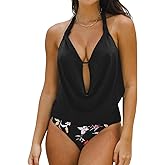 CUPSHE Tankini Bathing Suit for Women Halter Deep V Cowl Neck Low Back Swimsuit