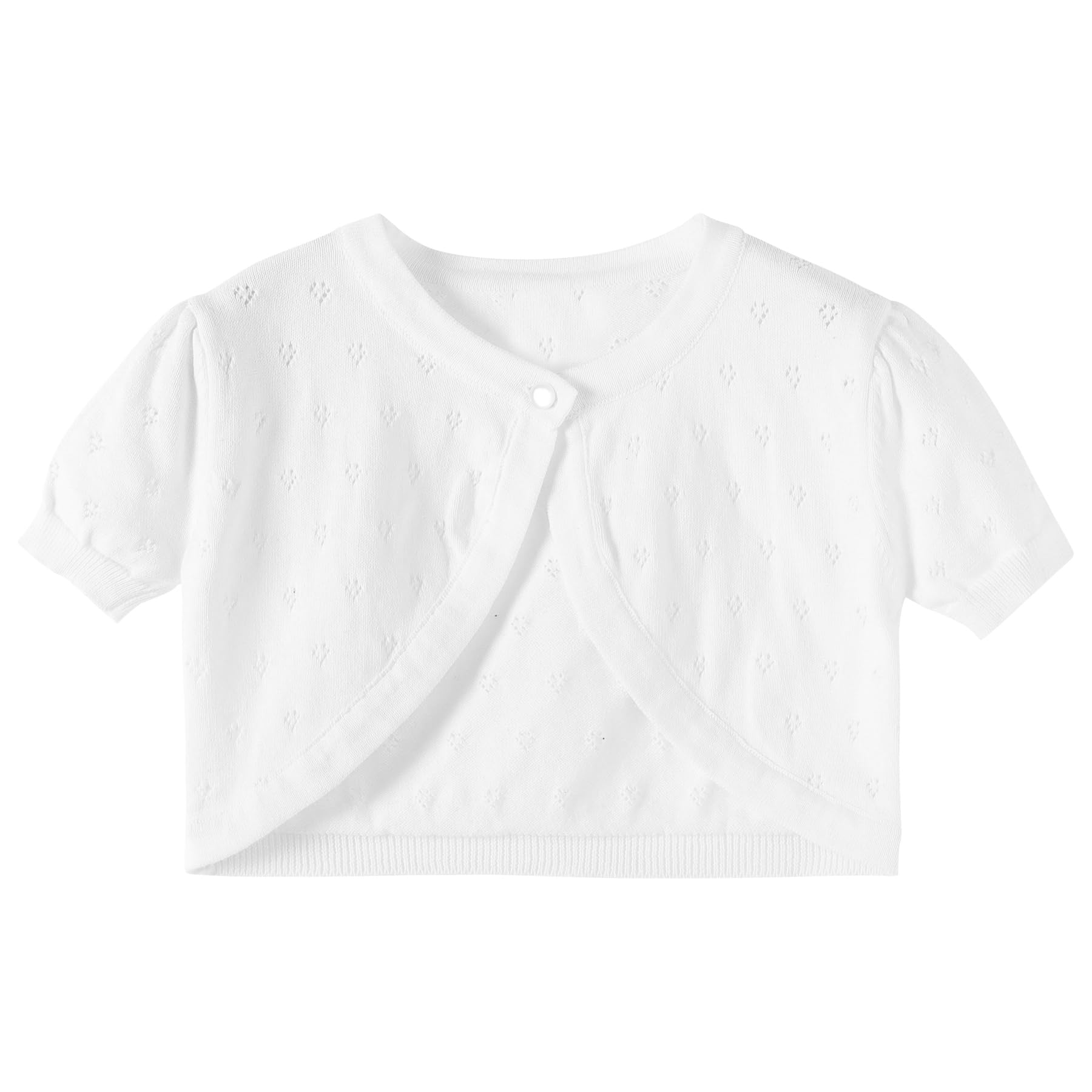 Photo 1 of Hvididan White Girls Bolero Shrug, Girls Cardigan Size 7-8 Short Sleeve, Kids Knit Sweater Hollow Out, Button Cover Up Cropped Tops