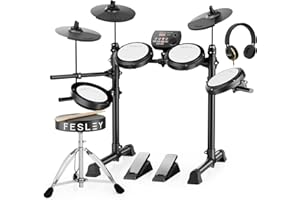 FESLEY P FED150W Electric Drum Set: Electric Drum Kit, 200 Sounds, Dual Zone Snare Drum, 2 Cymbals W/Choke, 4 Quiet Mesh Drums, Electronic Drum Set for Beginner, Bluetooth, MIDI, Throne, Headphones, Sticks