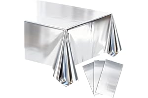 mwellewm 3Pcs Silver Tablecloth 54 * 72 inch Plastic Shiny Disco Table Cloth Disposable Foil Table Cover for Birthday New Year Decorations Wedding Christmas Anniversary Dinner Grad Party Supplies