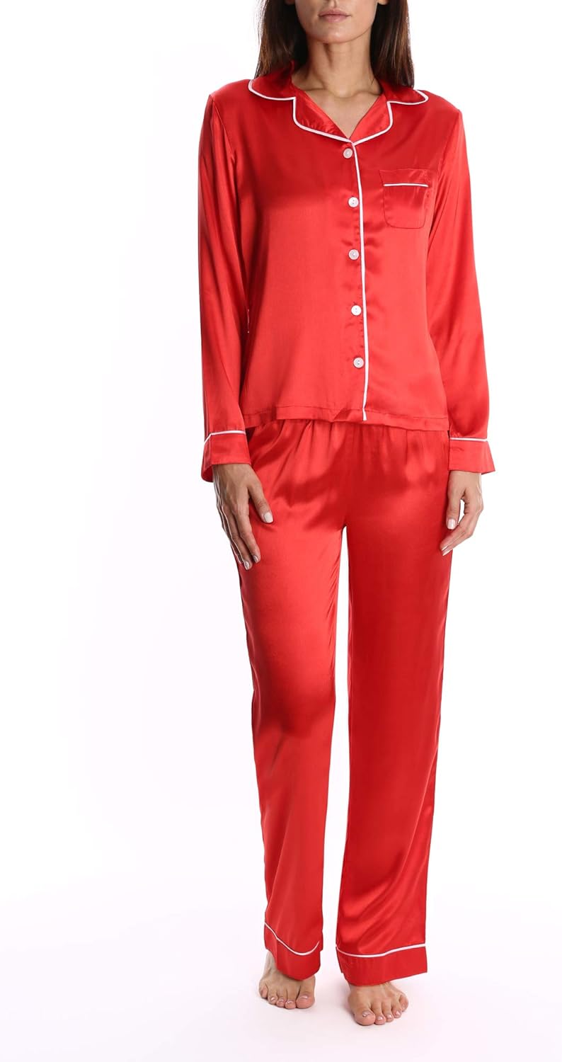 womens red satin pants suit