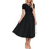 ZESICA Womens 2026 Summer Short Sleeve Midi Dresses Crewneck Knit Belted Pleated Business Work Cocktail A Line Flowy Dress