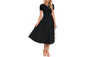 ZESICA Womens Spring Casual Short Sleeve Midi Dresses 2024 Summer Crew Neck Ribbed Knit Belted Pleated A Line Long Dress