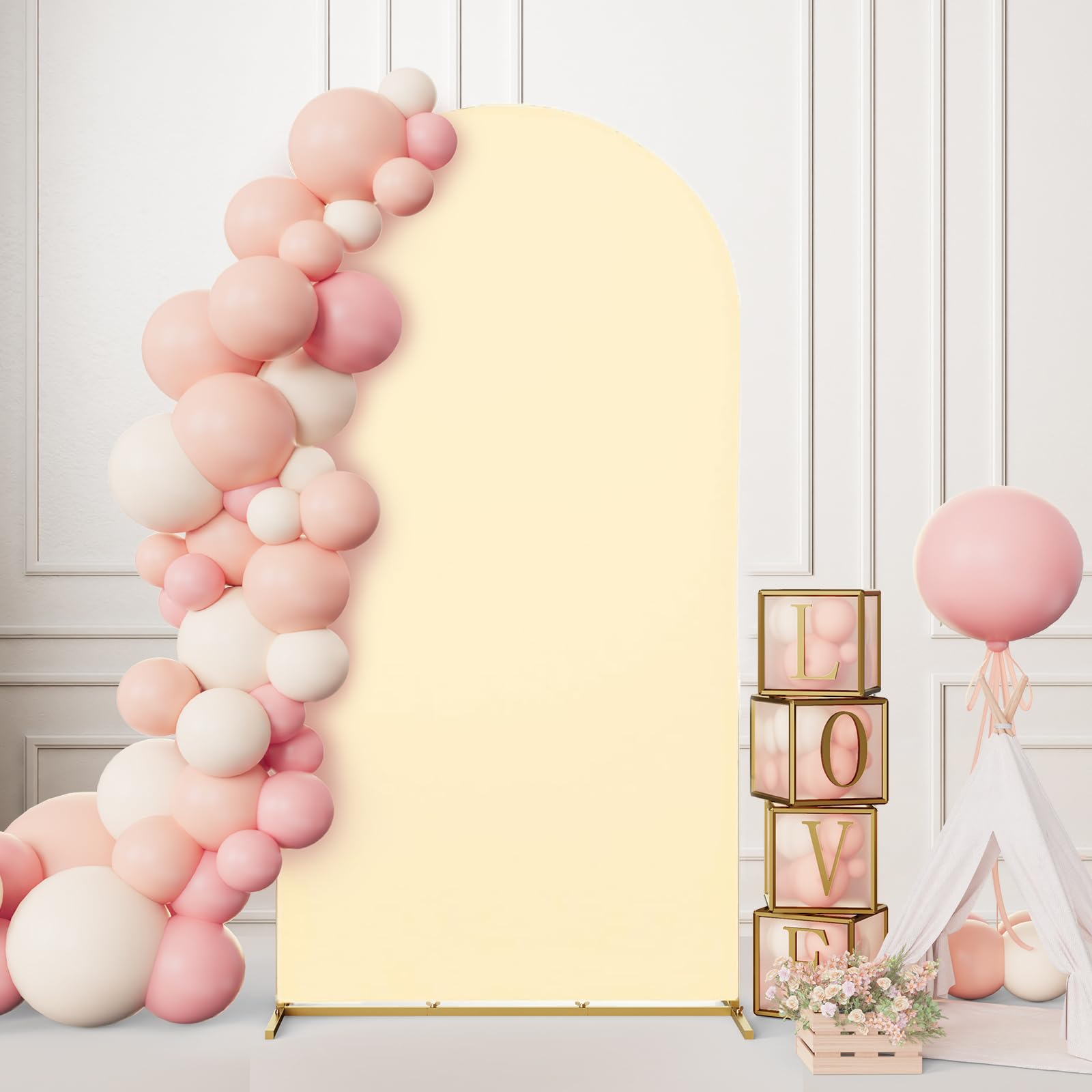 Photo 1 of Minetom 7.2FT Metal Backdrop Stand with Wedding Arch Cover Spandex, Balloon Arch Backdrop Stand Square Frame for Birthday Party, Baby Shower, Graduation Ceremony Decoration, Beige
