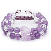GALKCRST Amethyst Bracelet for Women Healing Crystal Stone Beads Bracelet Amethyst Crystal Clear Quartz Beads Bracelet Boho Bracelet Handmade Amethyst Jewelry Gift for Her for Calming and Purify