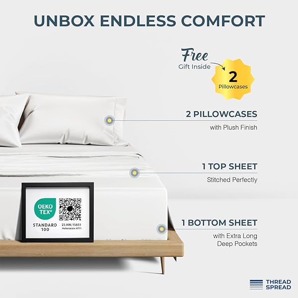 THREAD SPREAD 100% EGYPTIAN COTTON SHEETS CALIFORNIA KING SIZE – 1500 SERIES CAL KING SHEETS EGYPTIAN COTTON (4 PC, WHITE), SILKY SOFT, SATEEN WEAVE, COOLING & BREATHABLE, 17″ DEEP POCKET BED SET