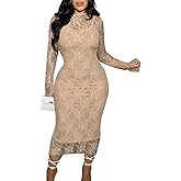 Binightt Womens Floral Lace Bodycon Midi Dress Long Sleeve Sexy See Through Mesh Club Party 2 Piece Dress Set