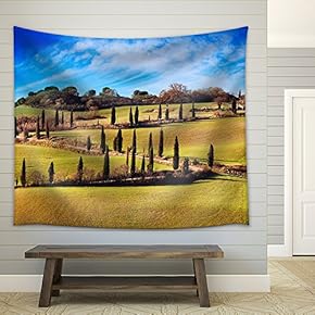 Cypress Trees Scenic Road. Siena, Tuscany, Italy. - Fabric Wall Tapestry Home Decor - 51x60 inches