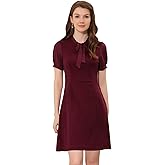 Allegra K Elegant Dresses for Women's Tie Neck Puff Short Sleeve Office Work Dress