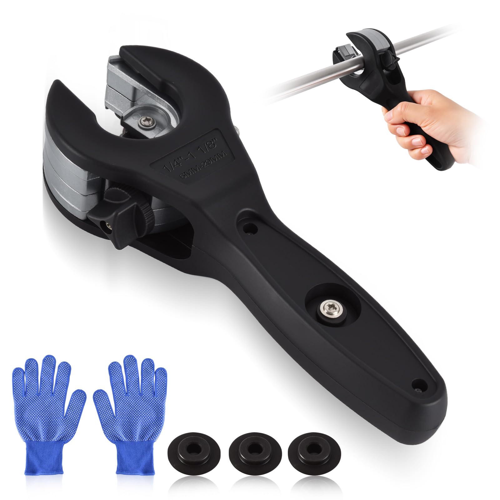 Photo 1 of **USED**MISSING PARTS** 3rd Gen Ratcheting Tube Cutter in Narrow Space, Premium Pipe Cutters(1/4in to 1-1/8in) for Copper, Brass and Aluminum, Total 3 Steel Bades(2 on the cutter, 1 in the bag), 1 Pair of Slip-free Gloves