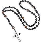 Tiger Eye Cross Necklace for Men, Obsidian Necklace, Hematite Cross Pendant Lava Rock Rosary Healing Crystal Necklaces
