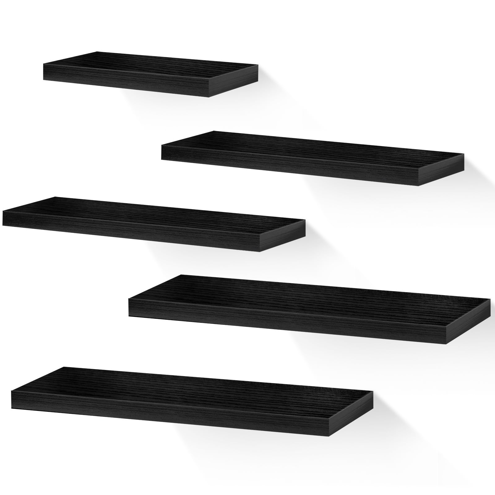 Photo 1 of Wenqik Wood Floating Shelves 3 Sizes Wood Shelves for Wall Decor Wooden Wall Mounted Shelves Hanging Shelf for Storage Display Nursery Living Room Bathroom Kitchen Office (Black,5 Pcs)