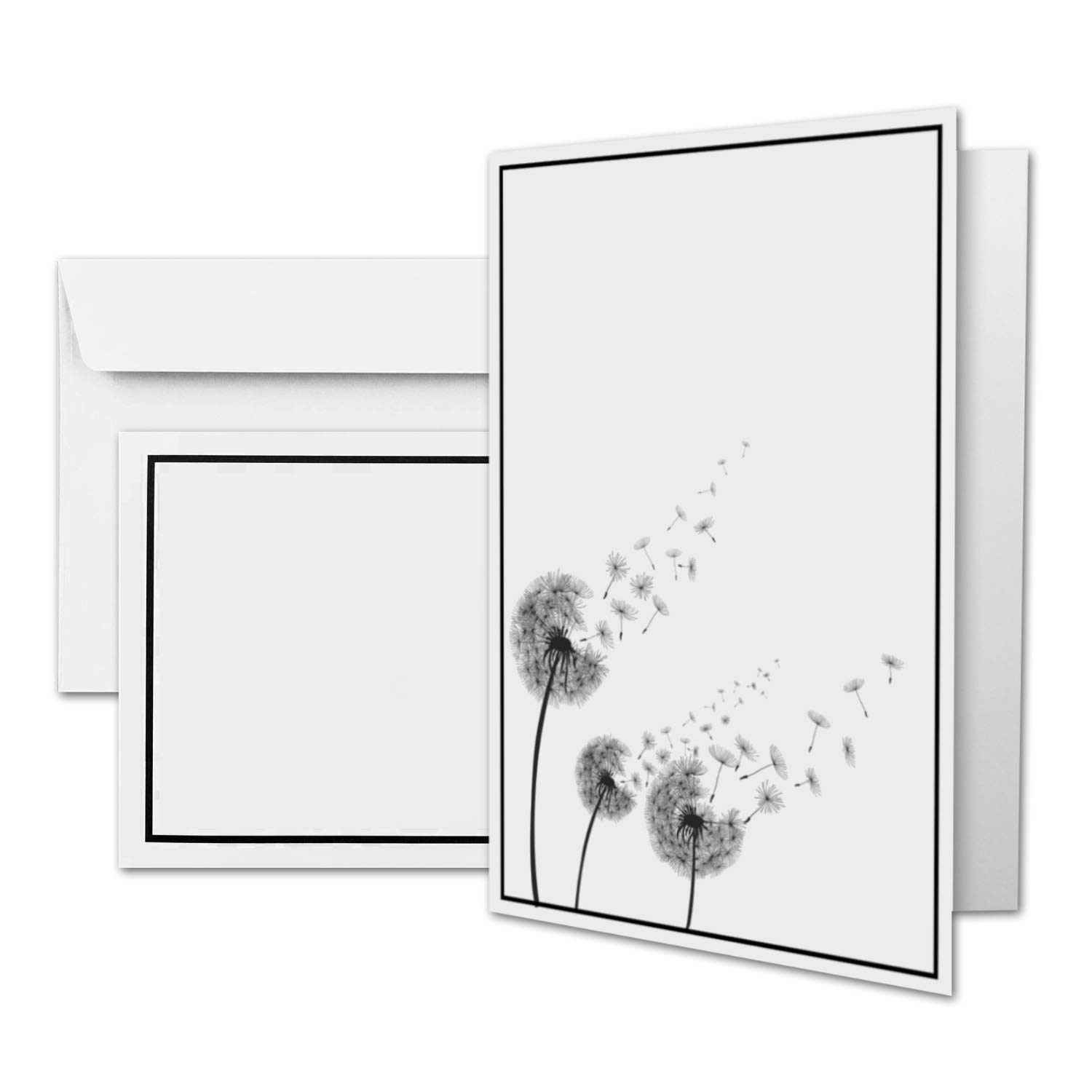 25 x condolence card DIN A6 motif dandelions + mourning envelopes DIN C6 - black mourning frame - 10.5 x 14.8 cm - double card printable - condolence set for thank you, invitation, notice of mourning