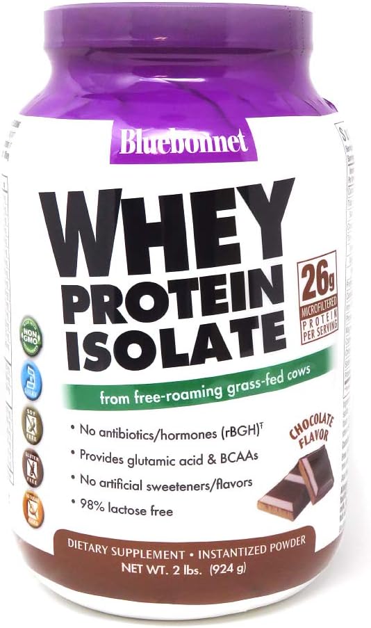 Bluebonnet Nutrition Whey Protein Isolate Powder, Whey From Grass Fed Cows, 26g of Protein, No Sugar Added, Non GMO, Gluten Free, Soy free, kosher Dairy, 2 Lbs, 28 Servings, Chocolate Flavor