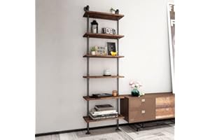 Industrial Pipe Shelf Wood Bookshelves 6 Tier Rustic Wall Ladder Bookshelf Display Storage Stand Shelf Bookcase for Living Ro