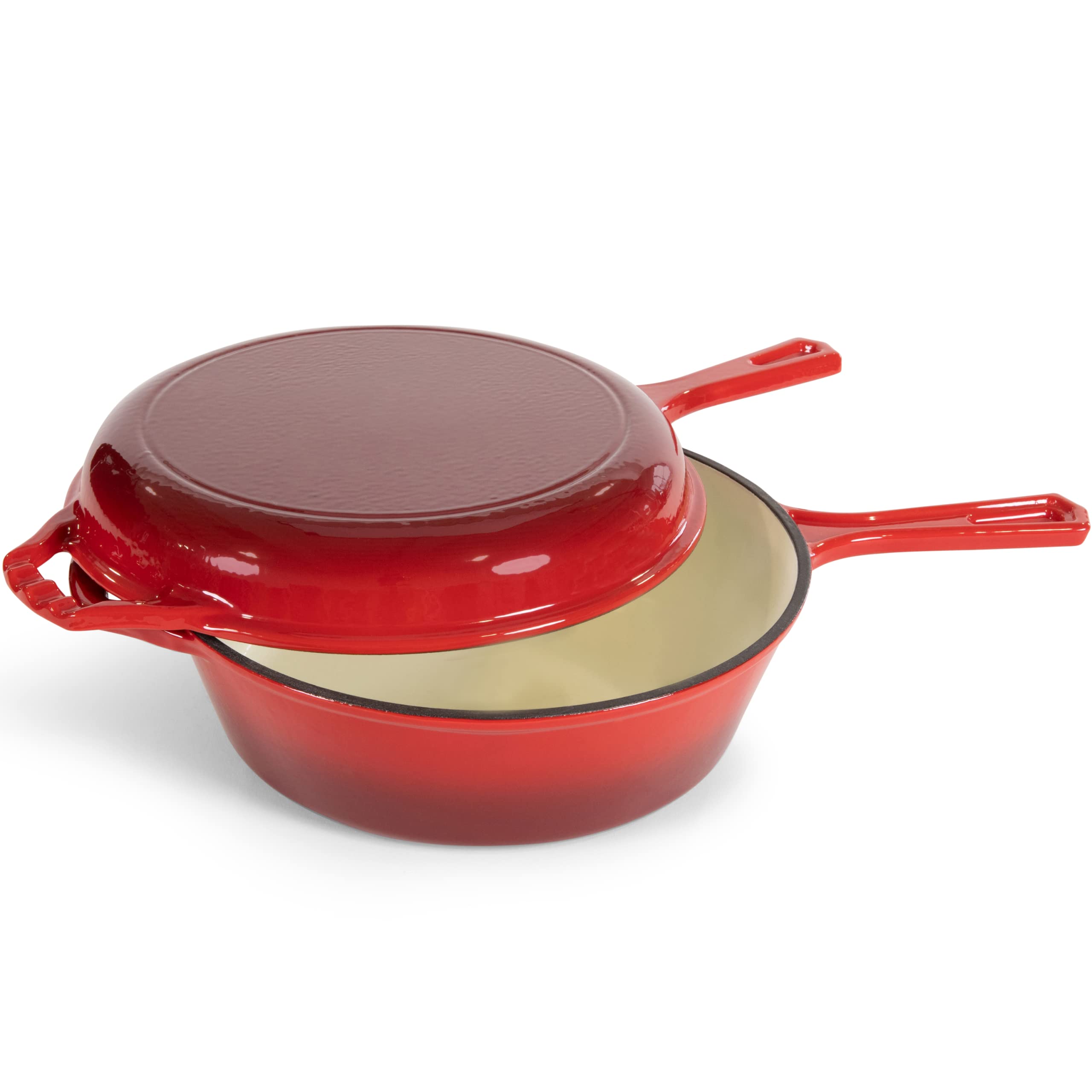 Bruntmor 2 in 1 Enameled cast iron pot with lid, 3QT Cast Iron Dutch Oven & Skillet Combo, Enameled Cast Iron Cookware with Lid, Perfect for Braising, Casseroles and Slow Cooking - Red