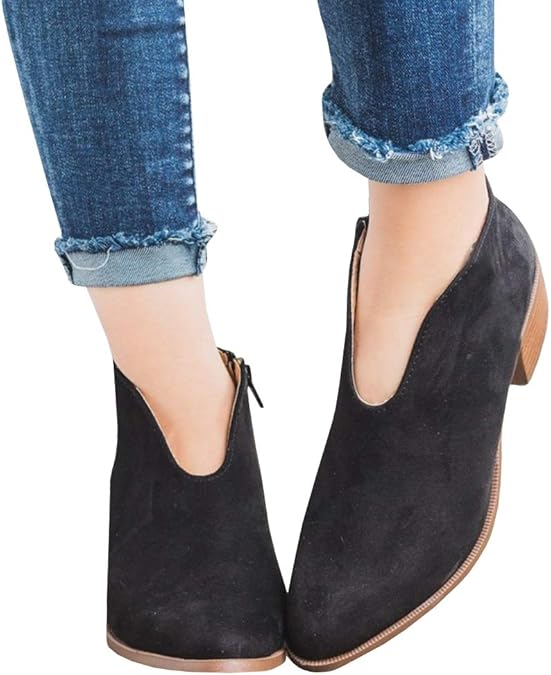 Fashare Womens Western Ankle Boots Deep V Cutout Front Slit Stacked