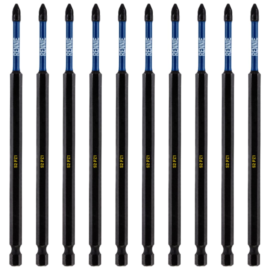 10 x Rennie Tools 150mm Long PZ1 Impact Screwdriver Driver Bits Set. Heavy Duty PoziDriv POZI No.1 Magnetic Screwdriver Bit Set. PZ1 Impact Driver Bits Pozidrive Screw Accessories.