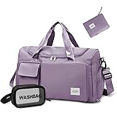 WOOMADA Foldable Travel Duffel Bag with Shoes Compartment, Overnight Bag with Wet Pocket, Weekender Carry On with cosmetic bag for Women(grayish purple)