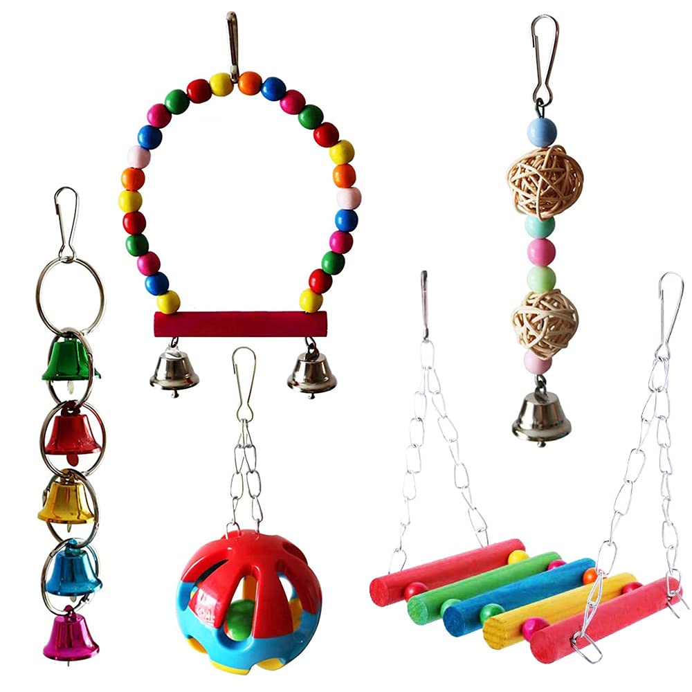 5 Pieces Parrot Chewing Hanging Toys,Bird Parrot Toys,Bird Cage Toy Hanging Bell,Bird Toy Hammock,Bird Cage Hanging Bell Wooden,Suitable For Small Parrots,Macaws,Finch,Lovebirds