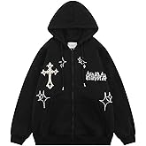 RYXSUN Gothic Hoodie Women Men Embroidery Zip Up Youth Hip Hop Cross Graphic Retro Fleece Sweatshirt Streetwear