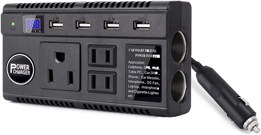 Amazon Naker Jp コンバーター カーインバーター 12v 24v両方とも100vに変換 カーチャージャー Ac コンセント 3口 1w 4 Usb ポート 4 8a 5v 2シガーソケット 12v 24v 対応 100v コンバーター 車載充電器 急速充電 Ledディスプレイ付き オート電圧測定 Dc Ac