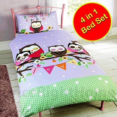 Goodnight Sweetheart Owls 4 in 1 Junior/Toddler Bedding Bundle Set (Duvet, Pillow and Covers)