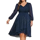 Talisea Plus Size Cocktail Dress - Formal Wedding Guest Fall Long Sleeve A Line Pleated V Neck Midi Dresses for Curvy Women
