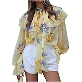 GORGLITTER Women's Floral Ruffle Mesh Sheer Blouse Tie Neck Puff Sleeve Button Up Fall Shirts