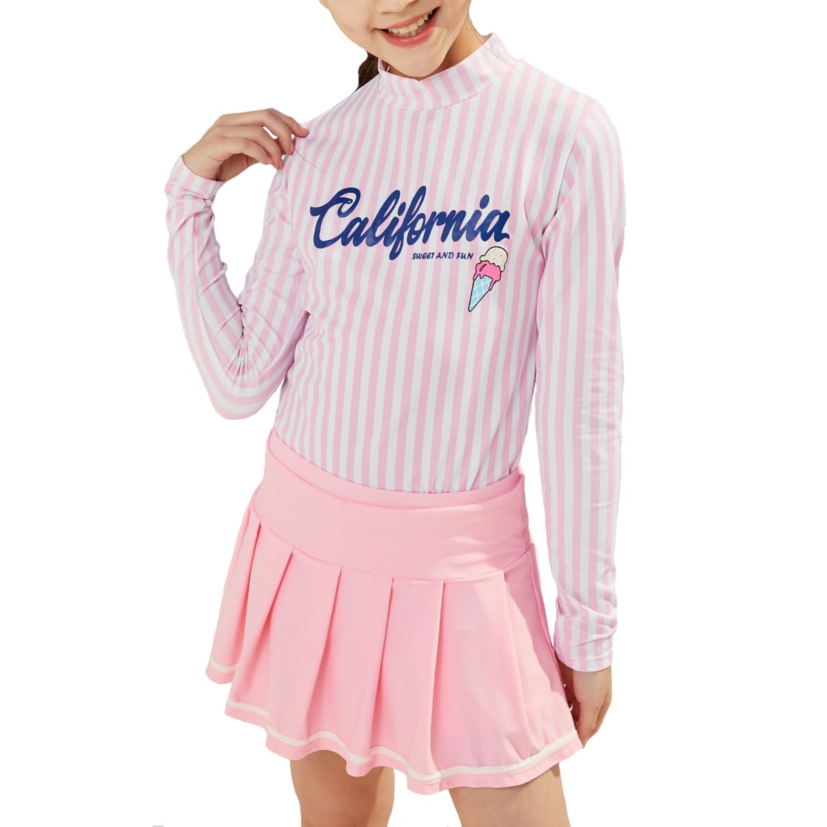Photo 1 of PHIBEE Girls' Rash Guard Set Long Sleeve UPF 50+ Sun Protection Two-Piece Swimwear Pink Stripe 8