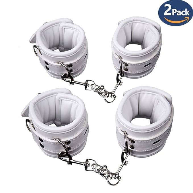 Hanyi Weiches Leder SM Handschellen Einstellbar Weiß Erotik Handfesseln und Fußschellen Bondage Set Sexspielzeug [2 Pack]