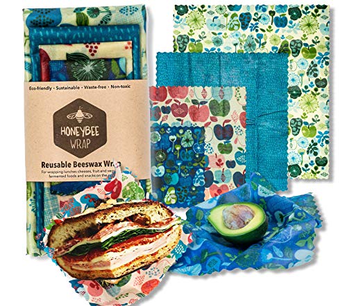 Honeybee Wrap For The Conscious Human| Beeswax Food Wraps 4 Pack 1 Small, 1 Medium, 1 Large, 1 Super Large |Eco Friendly, Organic, Reuseable Beeswrap Last 1 Year| Because Good Food Deserves Good Care