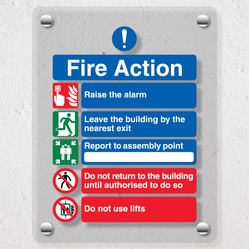 V Safety 5 Point Fire Action Notice/Do Not Use Lifts - 150 x 200 mm - Acrylic Perspex Cast Clear Safety Sign