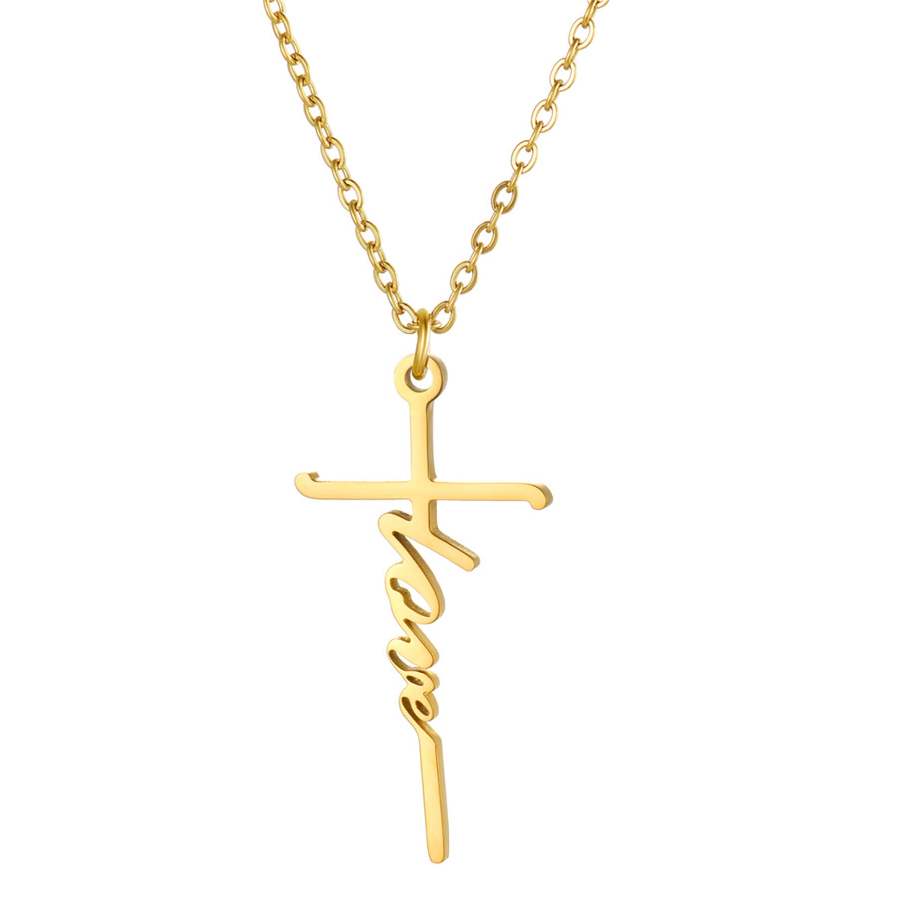 JewelryWe Faith Cross Necklace,Silver/Gold Tone Personalised Love Hope Believe Pendant Necklace Christian Religious Inspirational Jewelry for Women Girls