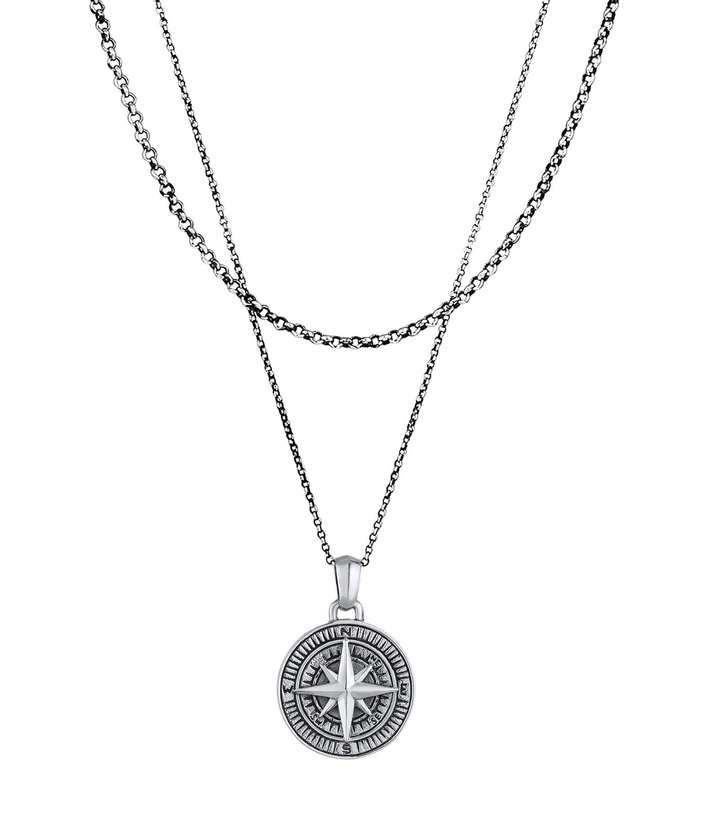 Kuzzoi Men's Silver Necklace Layer Look with Compass Pendant (25 mm), Necklace for Men in Oxidised 925 Sterling Silver, Layer Chain Maritime, Men's Necklace with Pendant Handmade