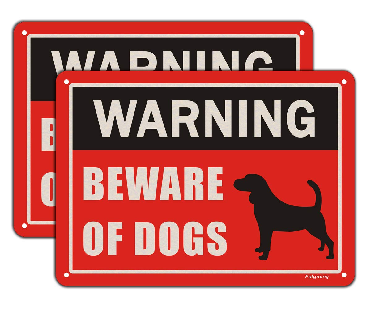 Beware of Dog Signs, 10x 7 Inches Metal Dogs Warning Sign for Fence Yard Door Gate Lawn, Metal Reflective Sturdy Rust Aluminum Weather Resistant Waterproof Durable Ink Easy to Install 2 pack