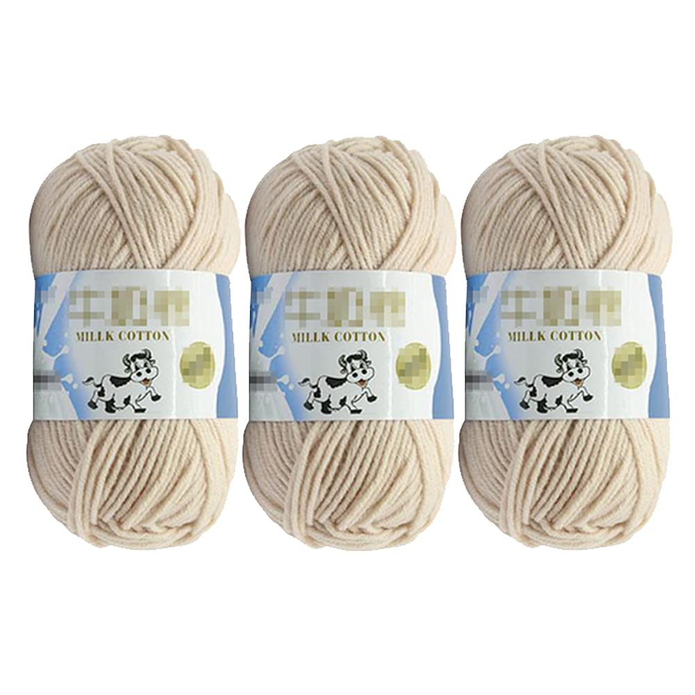 3Pcs 50g Milk Yarn Knitting Cotton Yarn Soft Chunky Hand-Woven Crochet Wool Yarn for Handcrafts Crocheting Knitting (Beige)