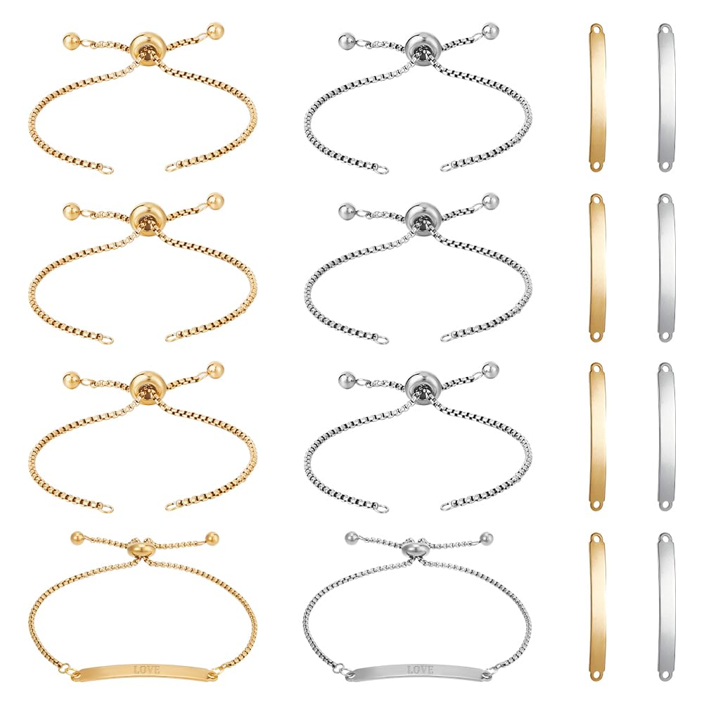 UNICRAFTALE 8 Sets 2 Colors DIY Stamping Blank Rectangle Slider Bracelet Making Kit Engravable Blank Tags Links Stainless Steel Slider Bracelets Golden Links Connectors for Summer Gifts