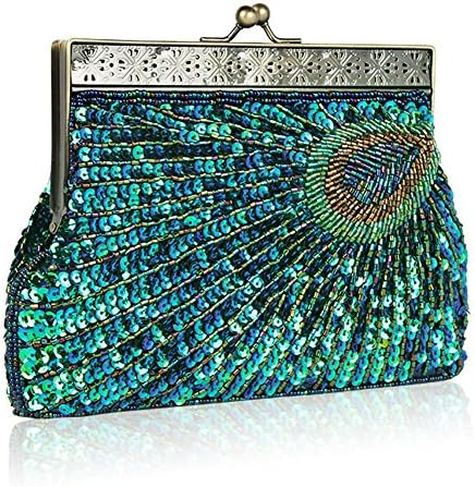 Women's Dazzling Sequins Beaded Evening Bag Peacock Clutch Handbag Chain Shoulder Bag for Wedding Bridal Party Prom