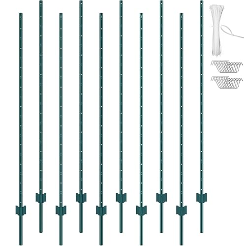 VEVOR 6 Feet Fence Post, 10 Pack U-Channel Heavy Duty Metal Fence Posts with 40 Zip Ties & 20 Clips, Sturdy Steel Fence Stakes for Garden Yard, Lawn, Farms and Outdoor Wire Fencing, Green